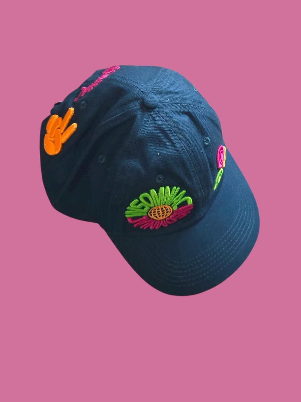Embroidered Navy Baseball Cap with Neon Floral & Peace Patch